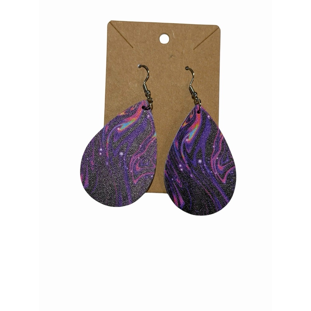Handmade Faux Leather Teardrop Earrings Purple Galaxy Swirl Psychedelic‎ Boho